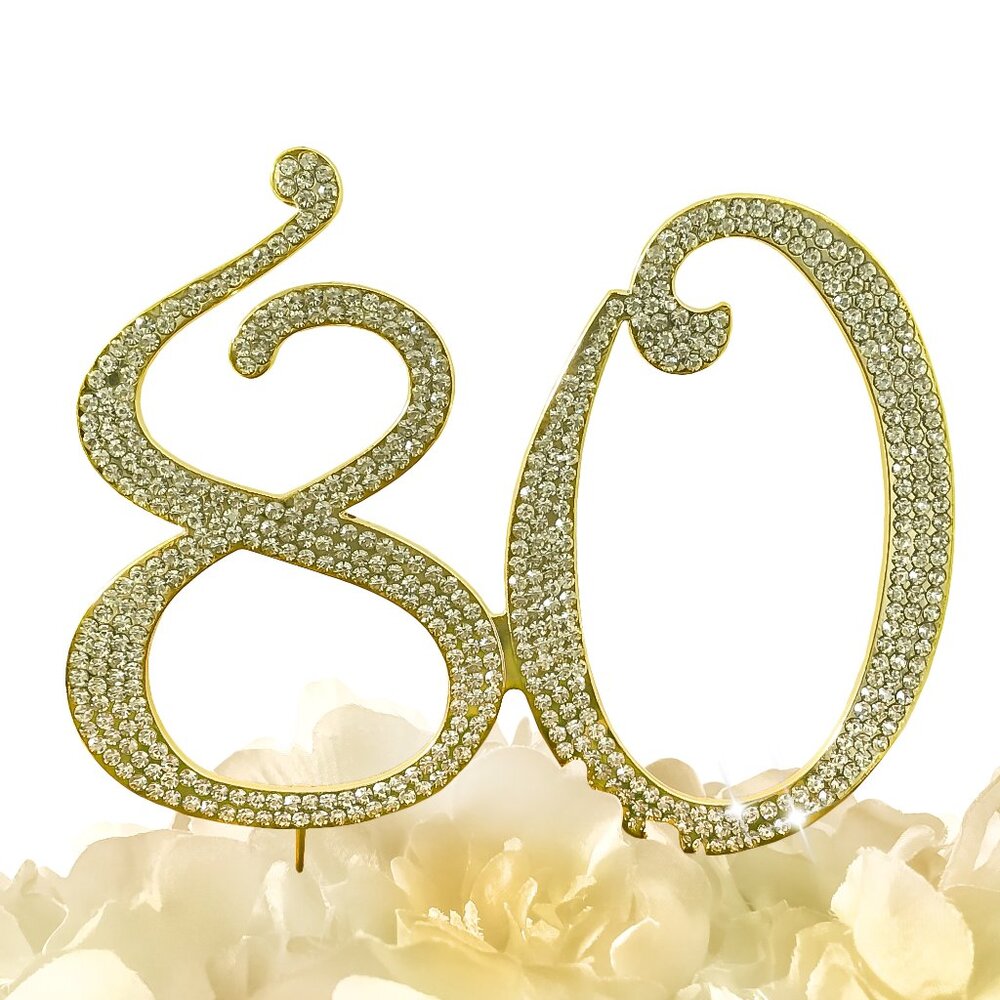 Rhinestone Cake Topper - Number 80 - Gold Metal with Czech Rhinestones